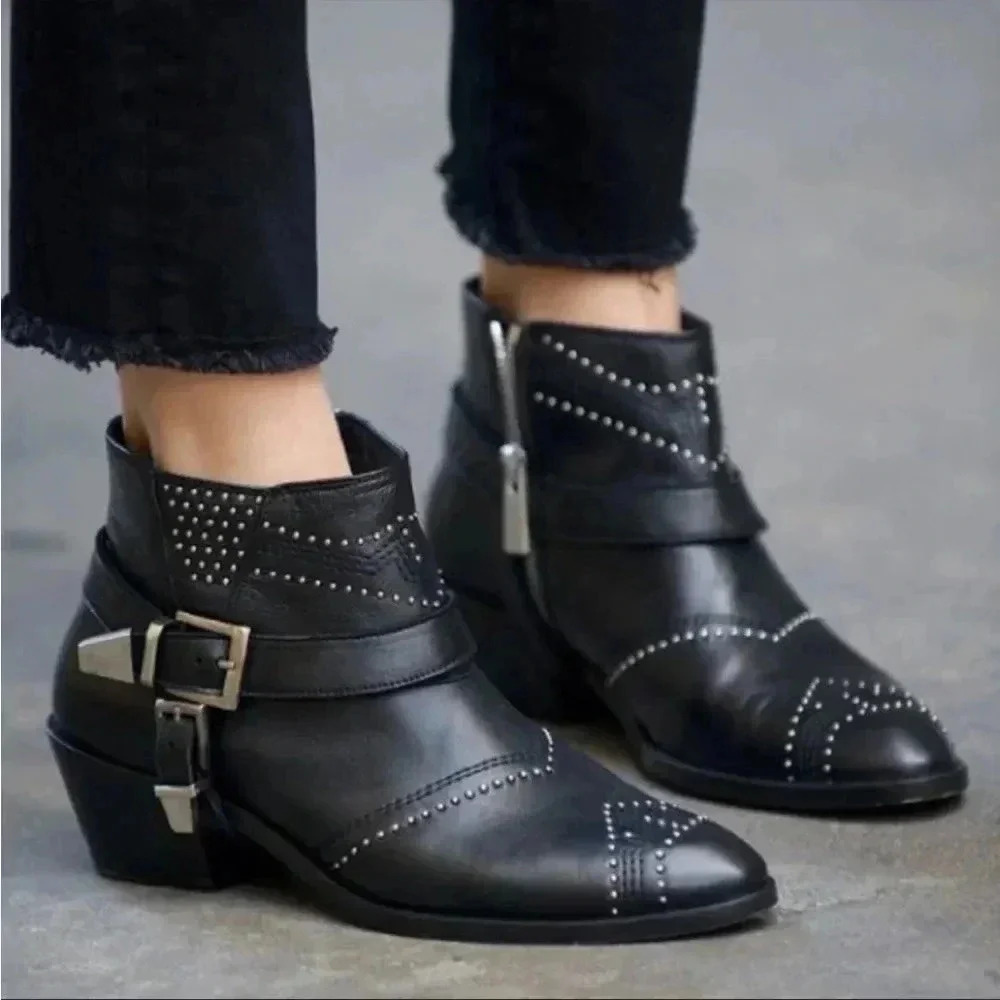 NIB Anine Bing Bianca Motorcycle Ankle Boot Black Silver US 8 EU 38
